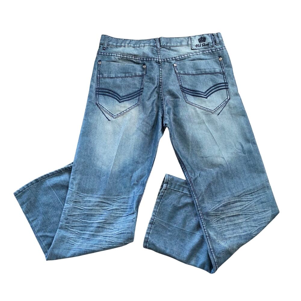 Old Skool Y2K Baggy Jeans Mens 38 Skater Grunge Straight Leg Whiskered Faded